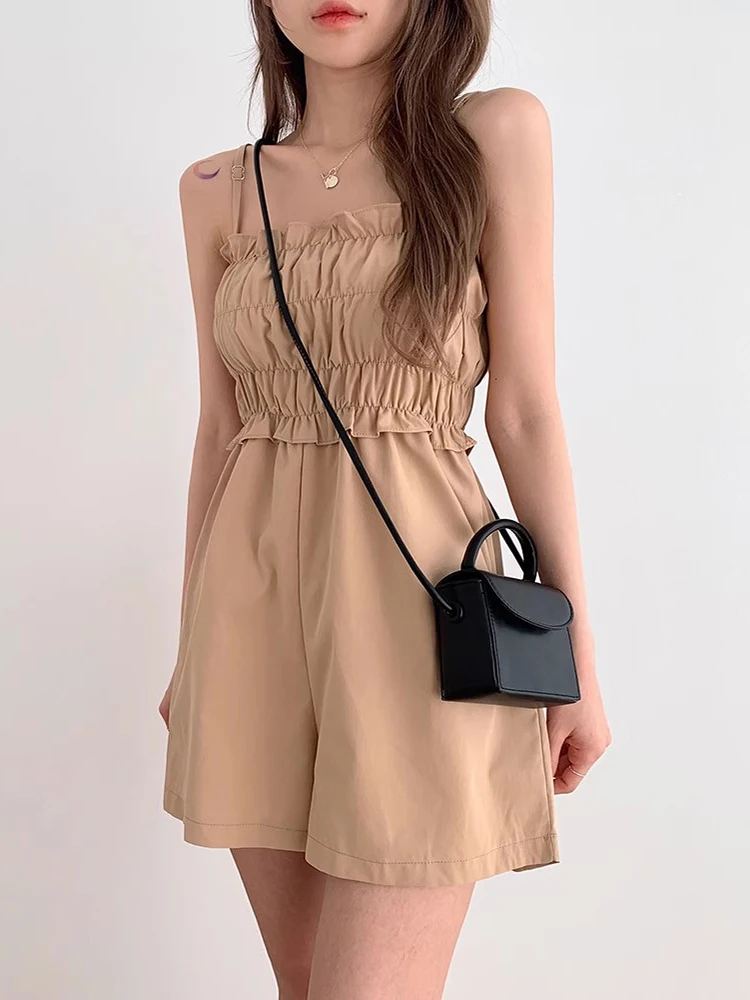 Tuta da donna con cinturino dal design semplice e alla moda per il tempo libero, pantaloni corti casual in tinta unita retrò stile francese nuovo estivo
