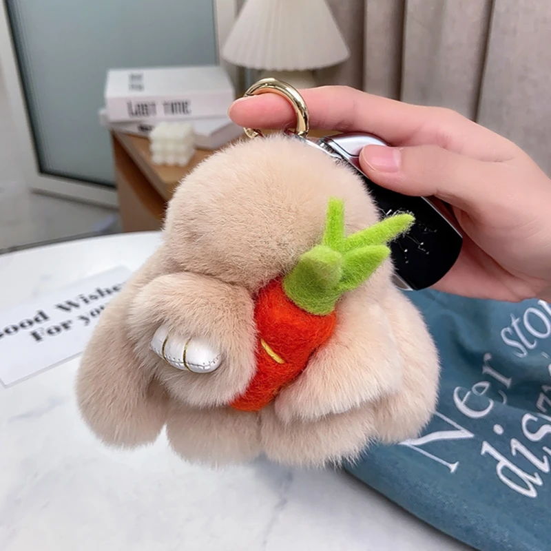 Cute Carrot Mini Bunny Keychain Women Real Fur Rabbit Key Ring Plush Dolls Toy Girls Bag Key Holder