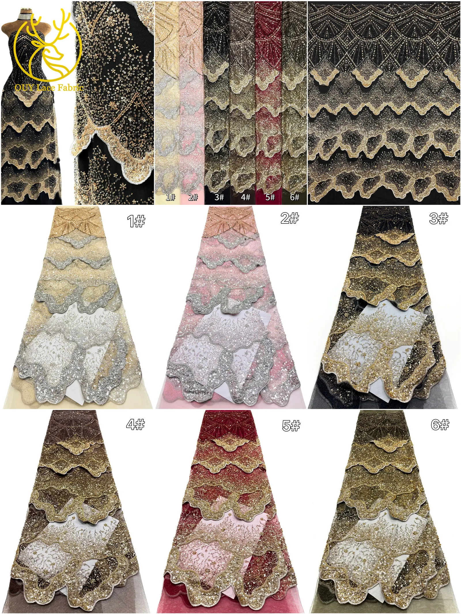 Goldene luxuriöse nigerianische 3D handgefertigte DIY-Stickerei-Spitze, afrikanische Perlen-Pailletten-Spitze für Damen, Hochzeitskleid, Partykleid, zum Nähen – Detail 4