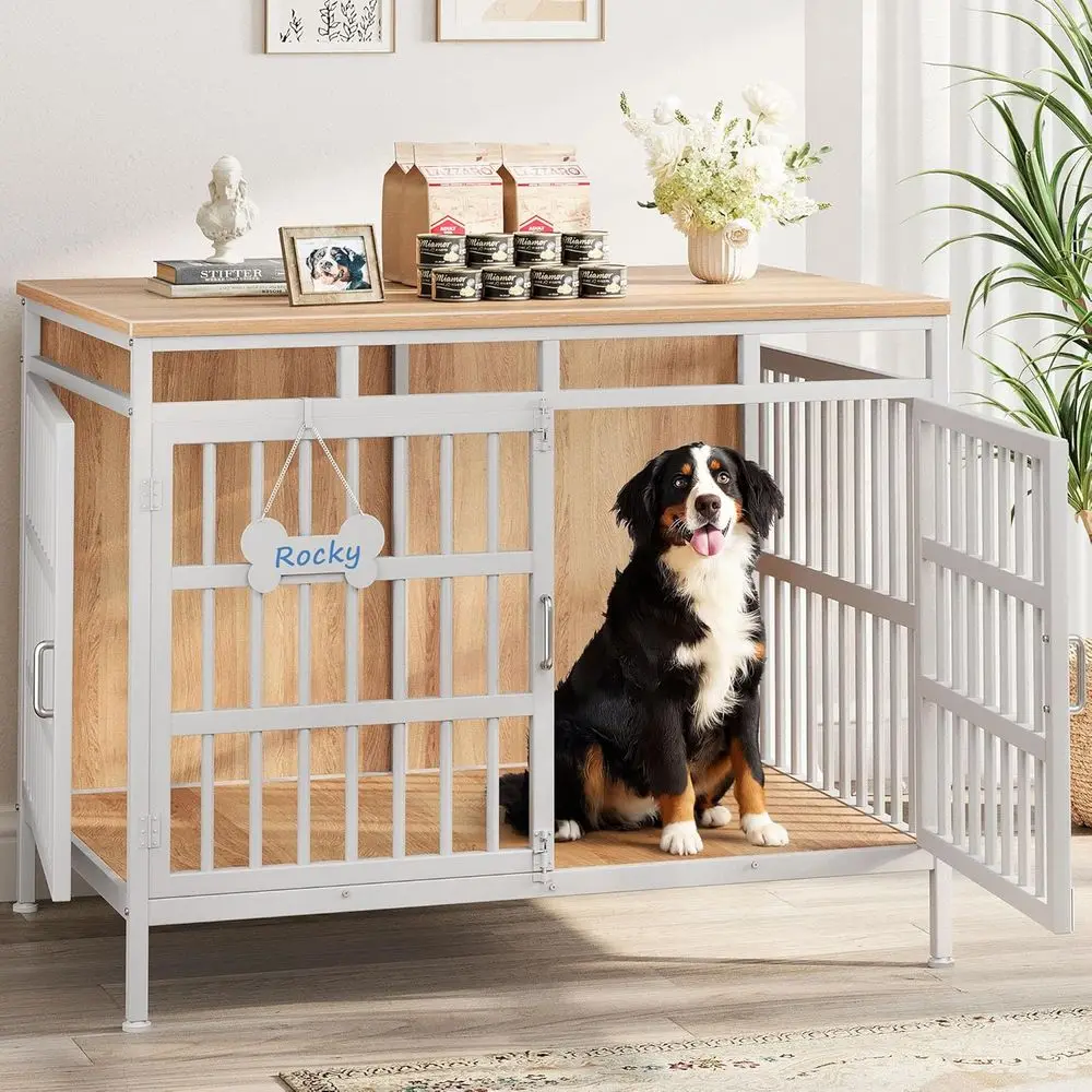 

Sturdy 47 Dog Crate Furniture, Suitable for Small to Large Dogs, Double-Door Indoor Wooden Pet Cage with Name Tag, Beige