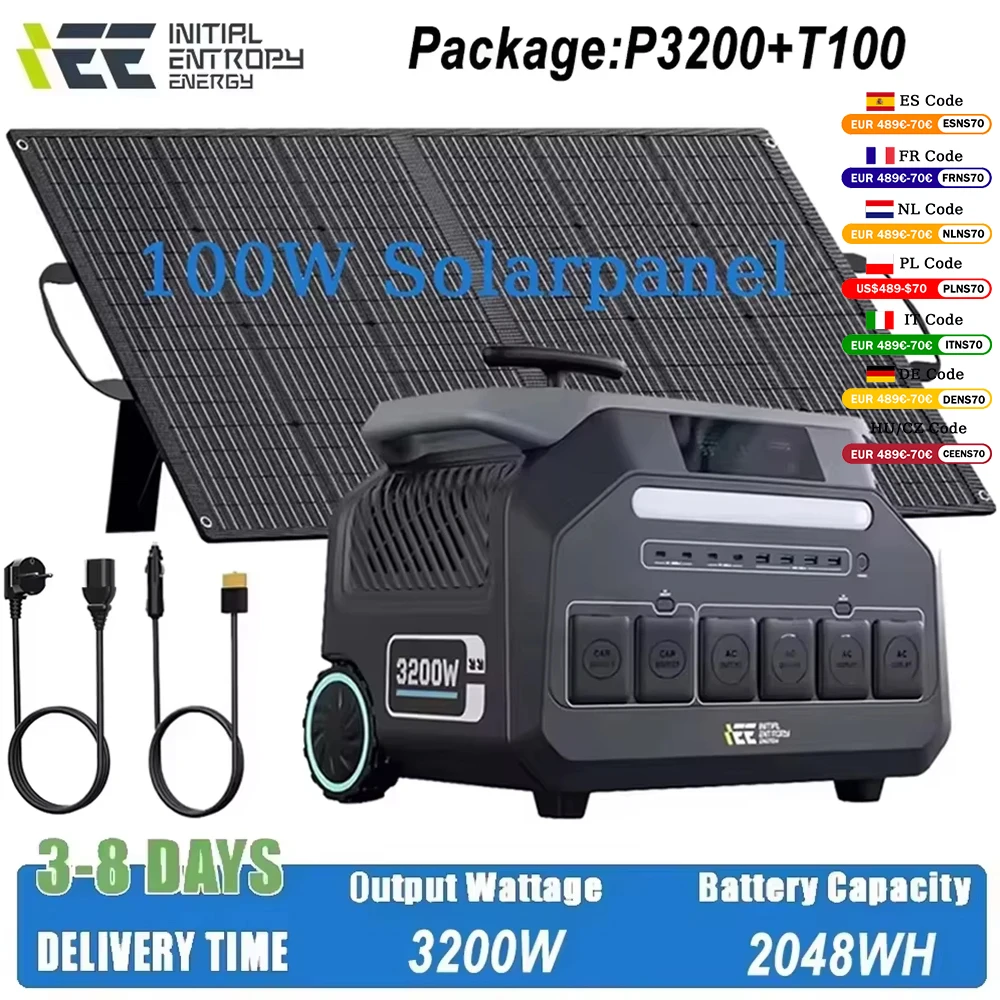 IEE Power Plant mit Solaranlage 100W, Akkulaufzeit 20-48Wh, Campinggenerator 3200W, Stromversorgung 6400W (Spitzenleistung) für Haus und Wohnmobil