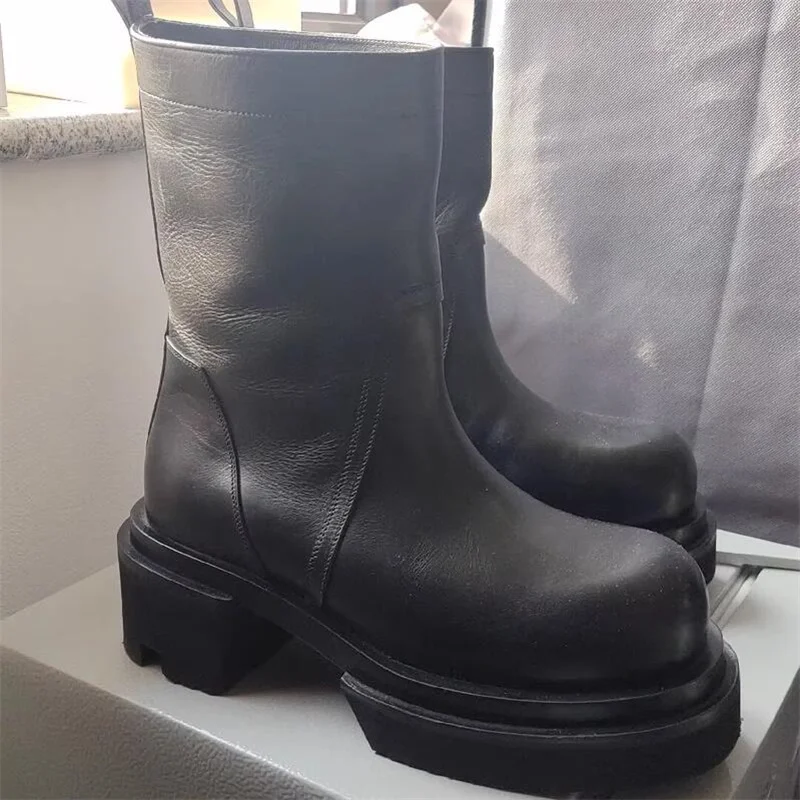 Designer Catwalk Exclusive Thick Sole Genuine Leather High Top Platform Boots Bulldozer Thick Soled Men Tank Boots Plus Size 45