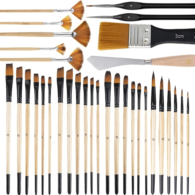 Paint Brushes Set Of 33 Pieces Wooden Handles Brushes Nylon Bristles With Gift Box Packaging,For Oil,Watercolor Painting