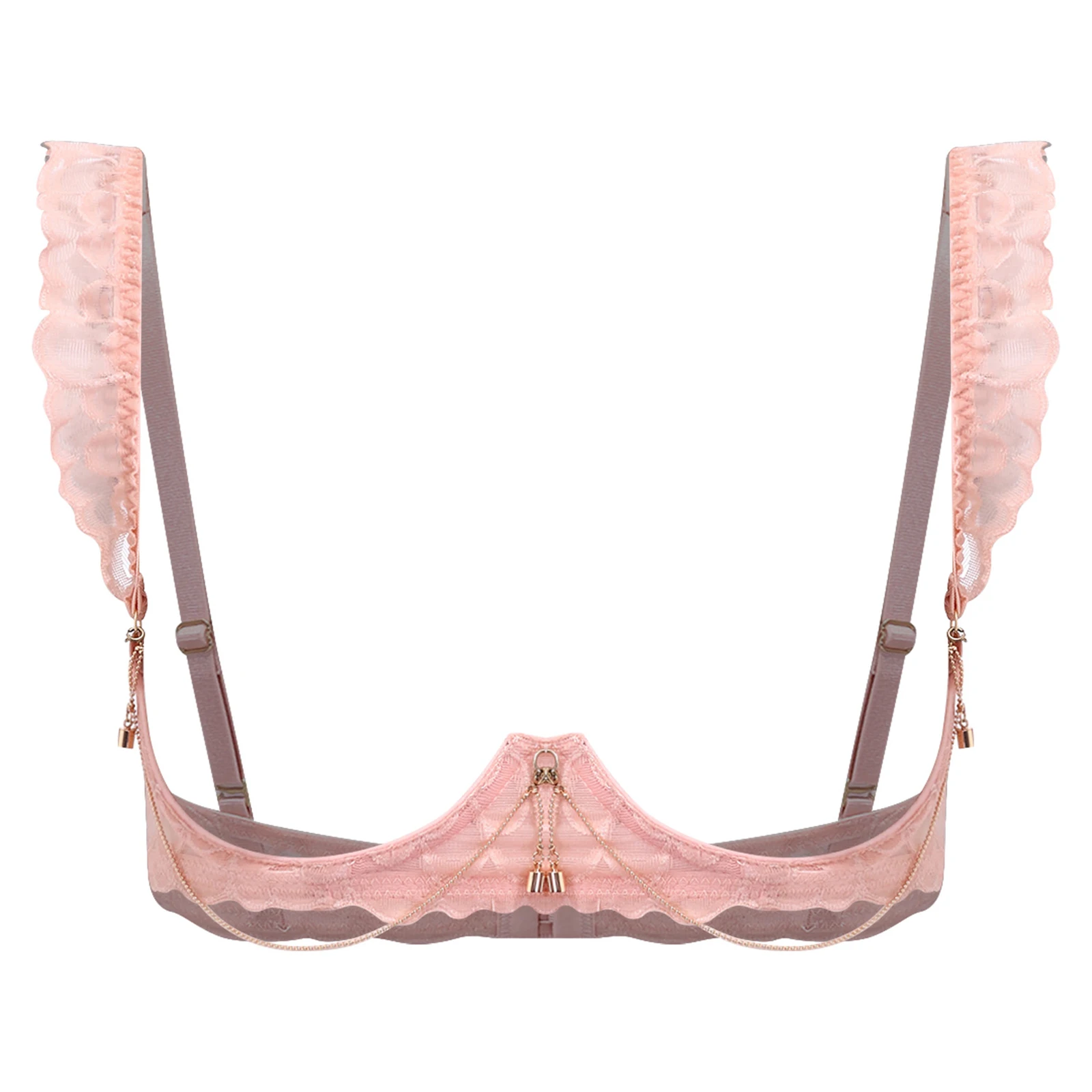

Womens Tempting Nightwear Lingerie Floral Lace Cupless Bra Push Up Underwire Hollow Out Chain Detail Ruffled Balconette Top