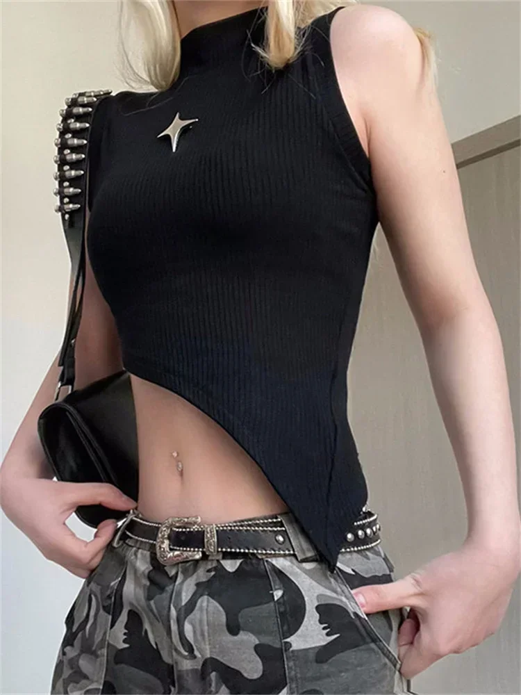 Cyber Y2K Goth Black Tank Tops Women Streetwear Sexy Punk Asymmetrical Crop Top Harajuku Egirl Metal Star Sleeveless Vest