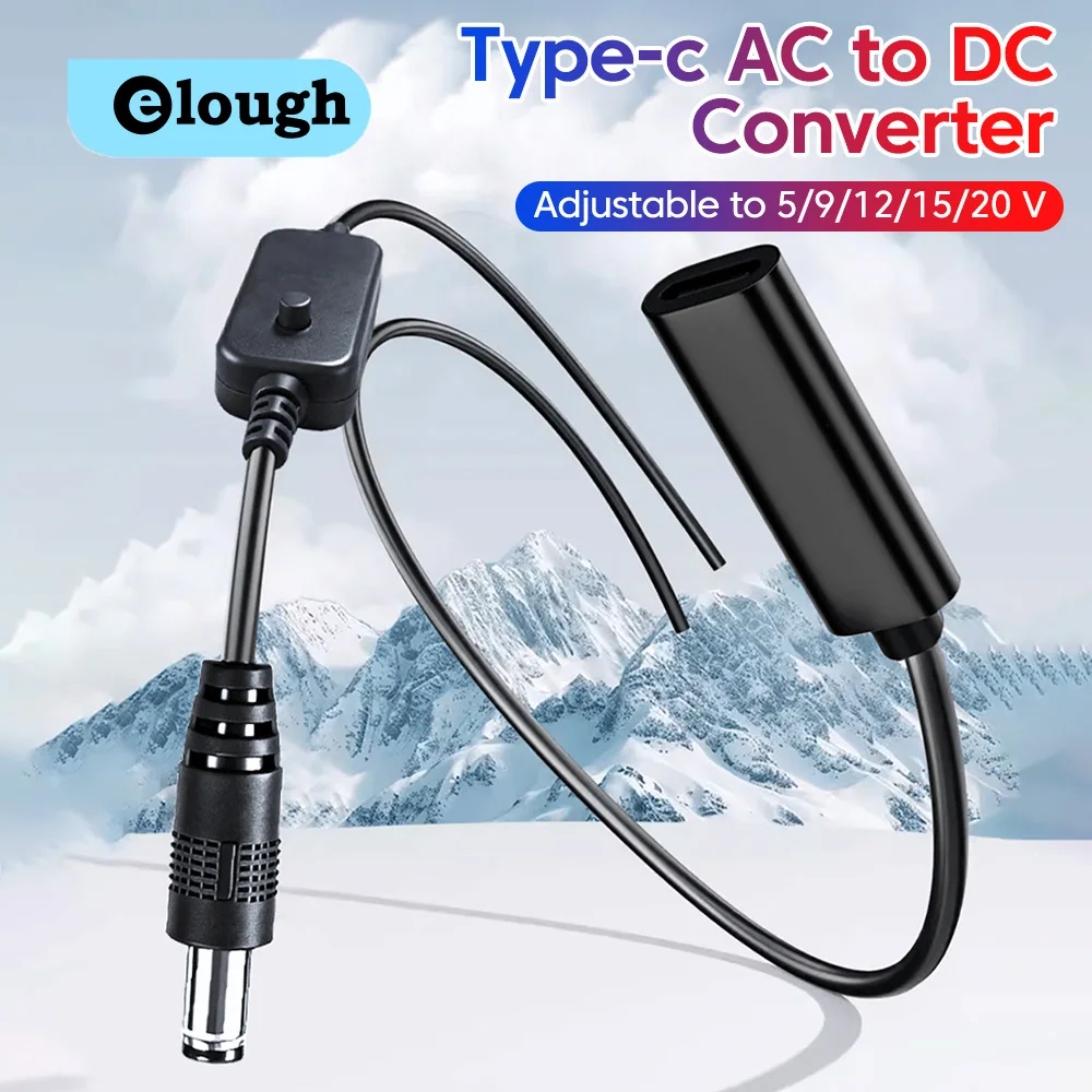 Cable de Alimentación Tipo C, Convertidor de CA a CC Ajustable a 5/9/12/15/20V para Altavoz Bluetooth, Ventilador, Router, Lámpara de Escritorio