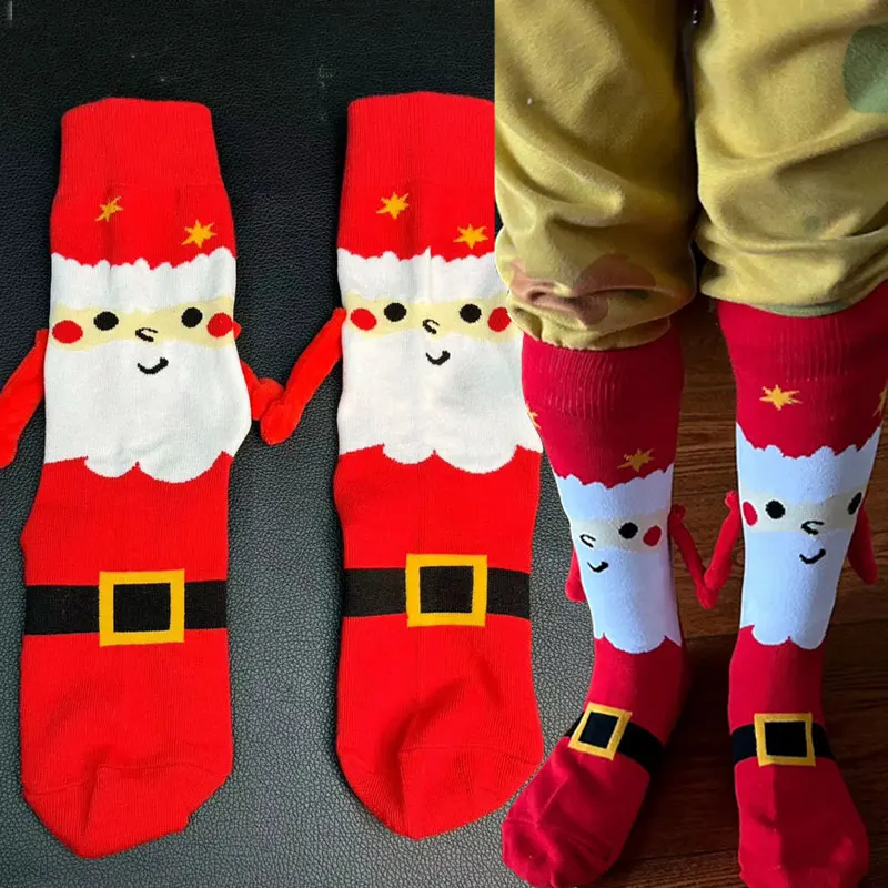 

New Winter Cartoon Santa Claus Magnetic Socks Christmas Tree Couple Magnetic Holding Hands Sock Men Women Mid-Tube Cotton Socks