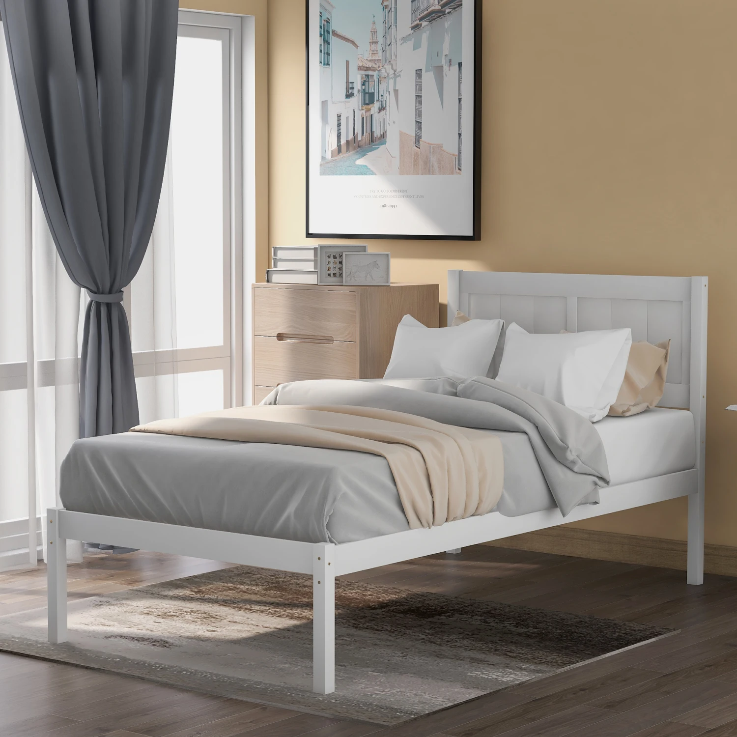 

Wood Twin Size Platform Bed with Headboard - Premium Quality Solid Wood Bed Frame for Comfort and Style