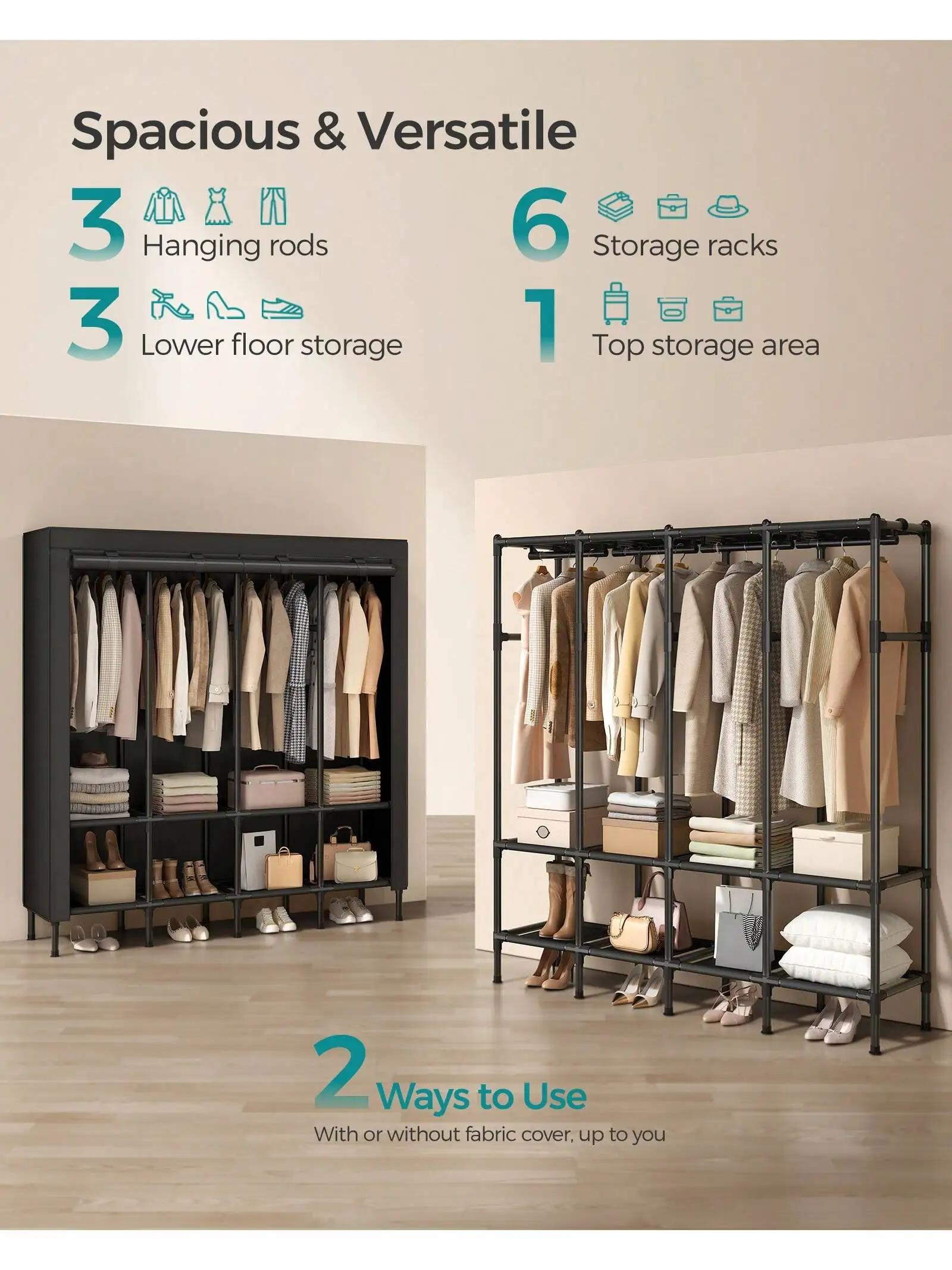 

SONGMICS Wardrobe Closet, Heavy Duty Portable Closet, Freestanding Clothing Rack, 25 Mm Dia. Thick Steel Tubes, Clothes Organ