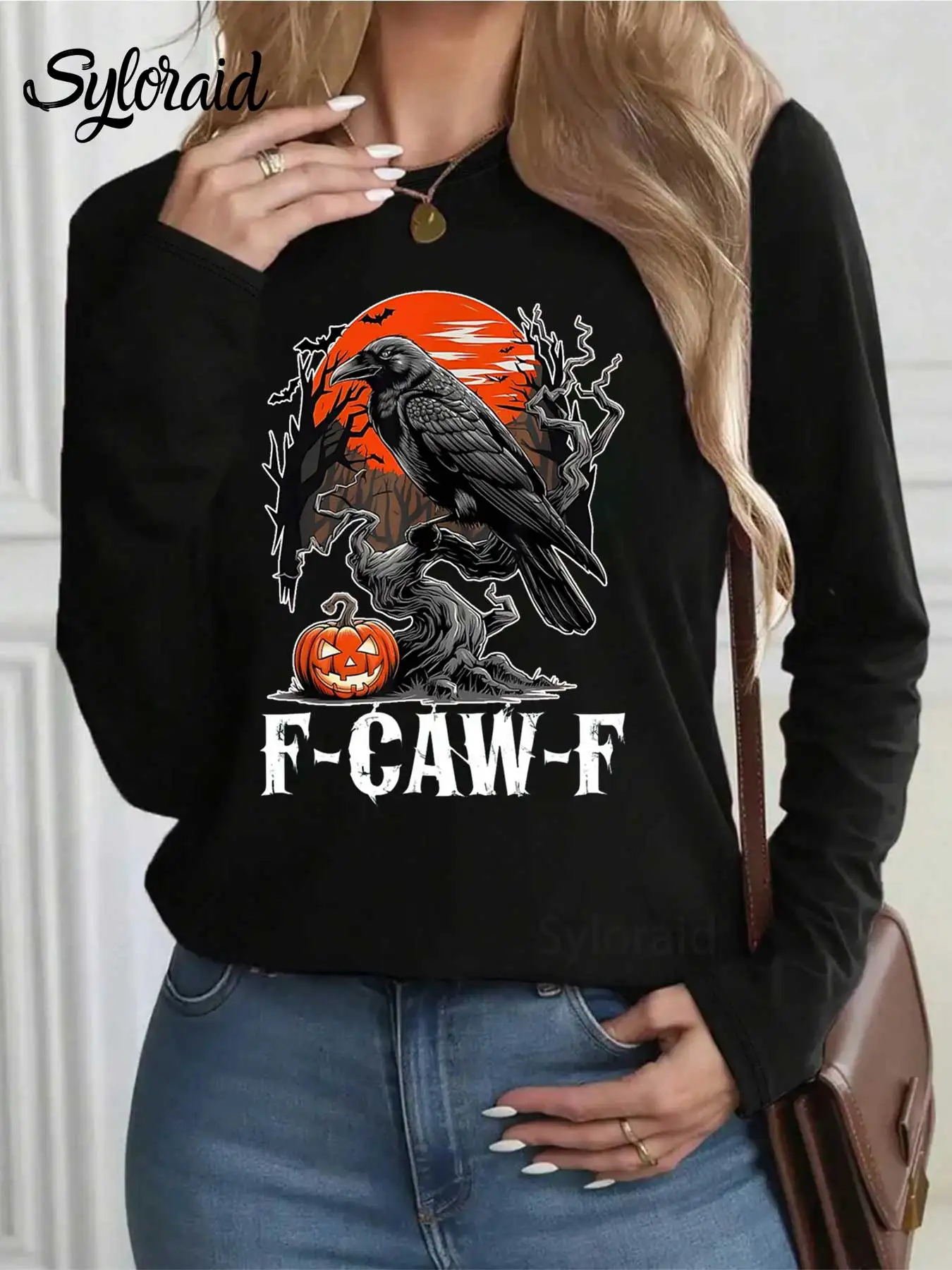 المرأة طويلة الأكمام تي شيرت F-Caw-F مضحك الغراب القوطية الغراب تي شيرت الطيور هالوين قميص موضة الجولة الرقبة رداء علوي غير رسمي #2