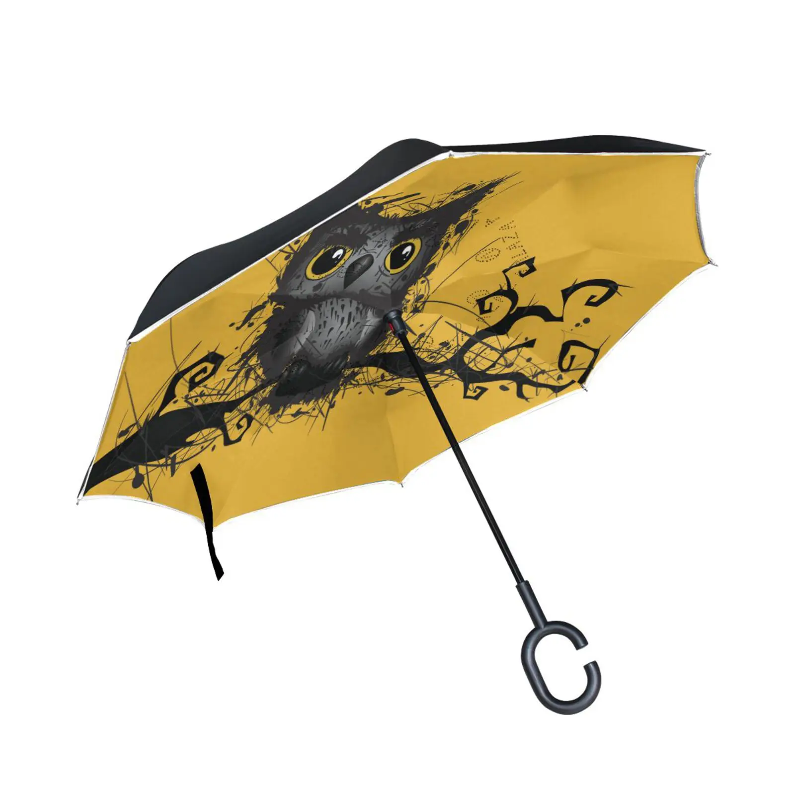 

Rough Grungy Owl Windproof Reverse Umbrella Rain Women Double Layer Inverted Self Standing Car Umbrella With UV Protection