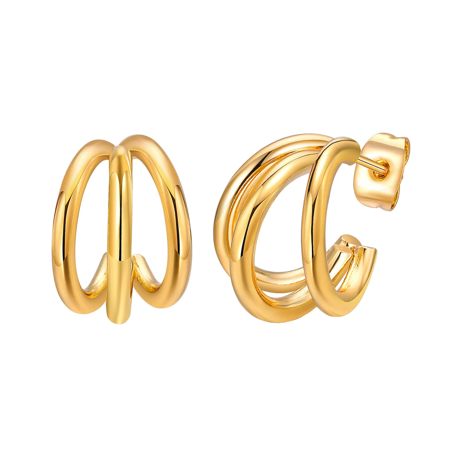 Open Triple Hoop Earring Women, Thick Three Open Chunky 18k Gold Plated Earrings Nickel-free