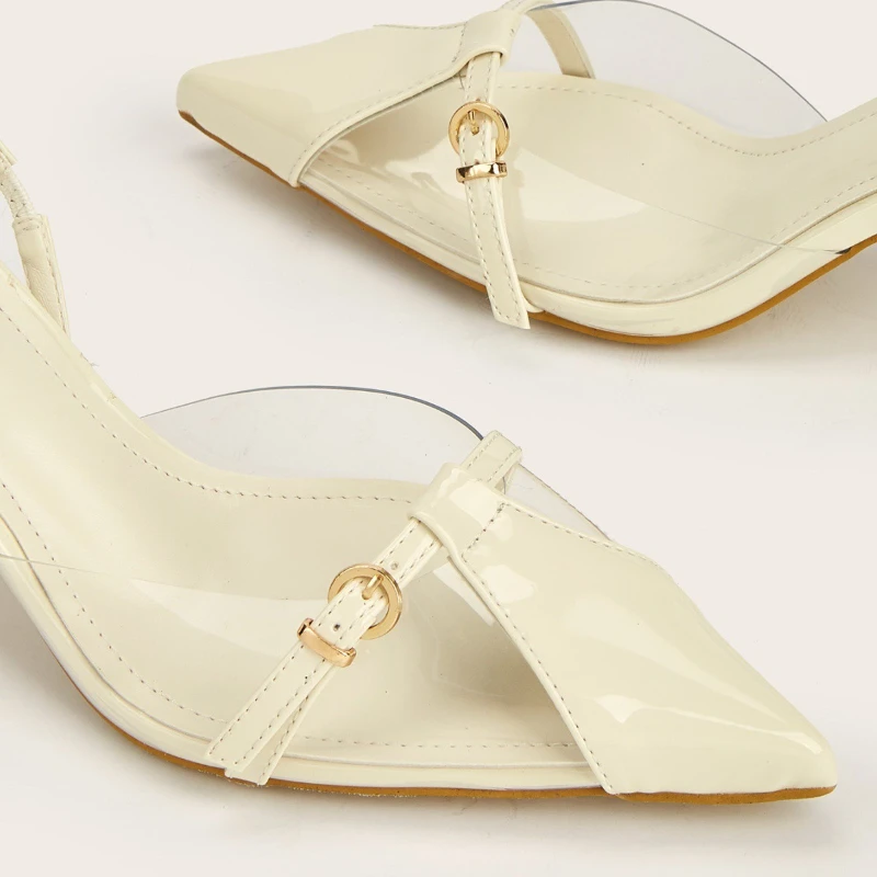 Summer Transparent PVC Sandals Women Fashion Splicing Pointed Toe Pumps Belt Buckle Design Slingback Comfort Office High Heels