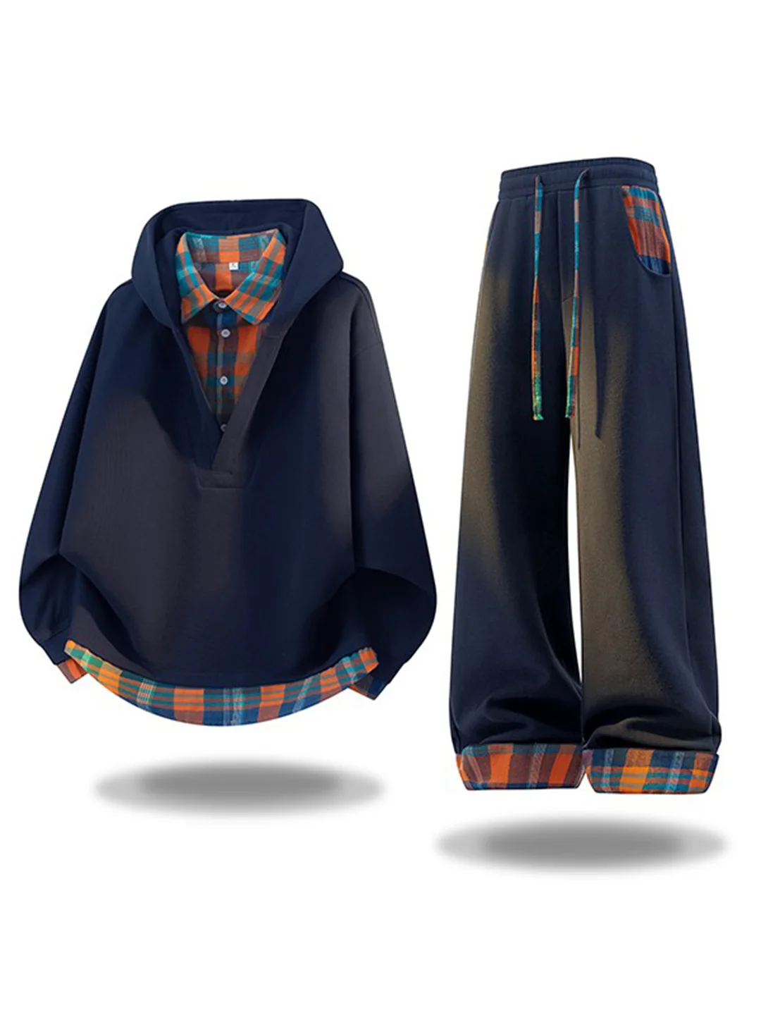 

Мужской комплект: худи в клетку с воротником и свободные прямые спортивные брюки. Весенний повседневный комплект из двух предметов из комфортного полиэстера.