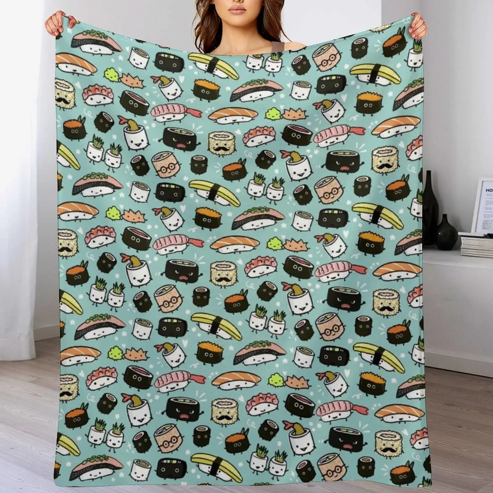 Cute Sushi Pattern | Kawaii Sushi Characters Throw Blanket Anti Shedding Soft Fuzzy Blanket for Home