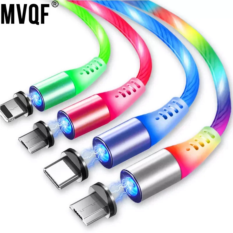 3 In1 Magnetic Current Luminous Lighting Charging Mobile Phone Cable Cle Usb C Cable LED Micro USB Type C for Iphone Huawei P50