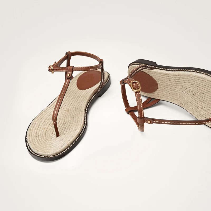 Summer 2024 French Style Flats Sandals Straw Flat Fisherman Shoes Buckle Holiday Flip Flops Roman Sandals Trend Sandalias Mujer