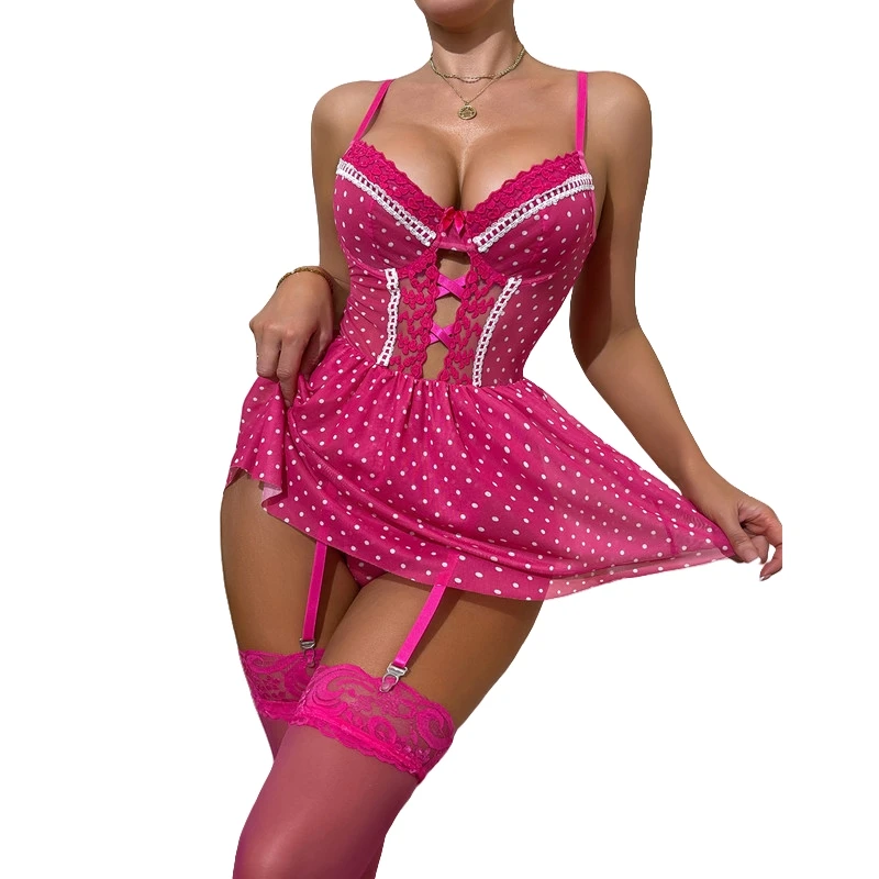 مجموعة ملابس داخلية شبكية شفافة من Lacy Polka Dot، ملابس حميمة مثيرة ومرحة، بيجامة مغرية L528