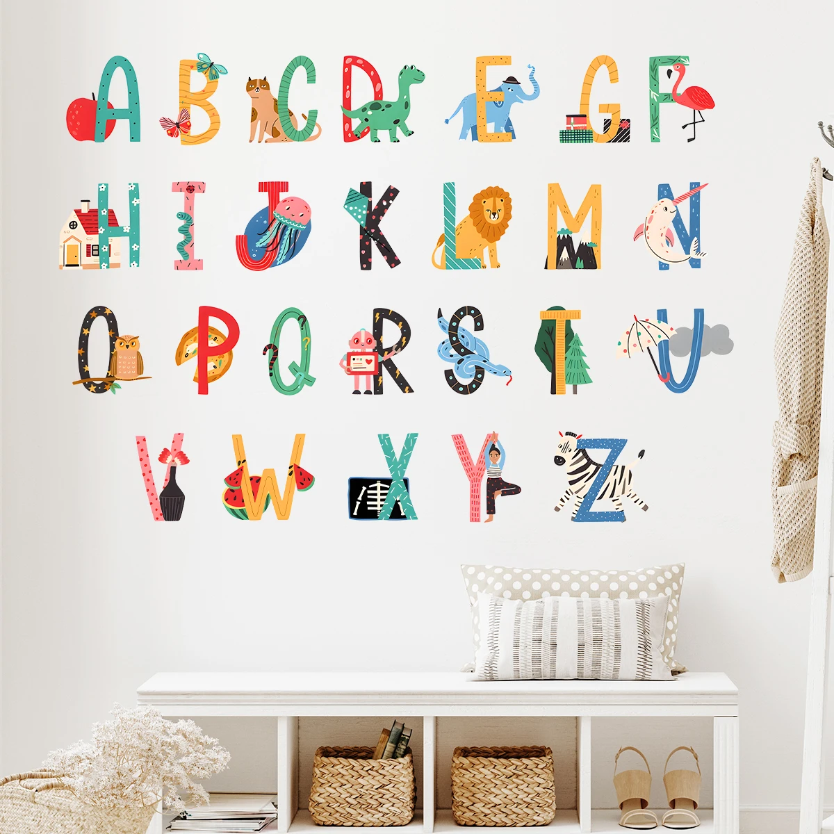 Cartoon Animal 26 Letter Kids Learning English Education Wall Stickers For Bedroom Living Room Nursery Decoration Wall Decals