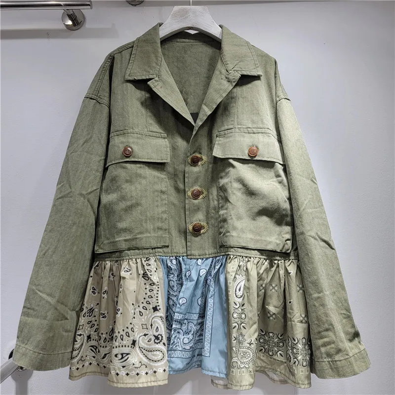 

Осеннее корейское свободное повседневное кружевное шитье из двух предметов, женское зеленое пальто с лацканами, однобортное женское верхнее белье с длинными рукавами