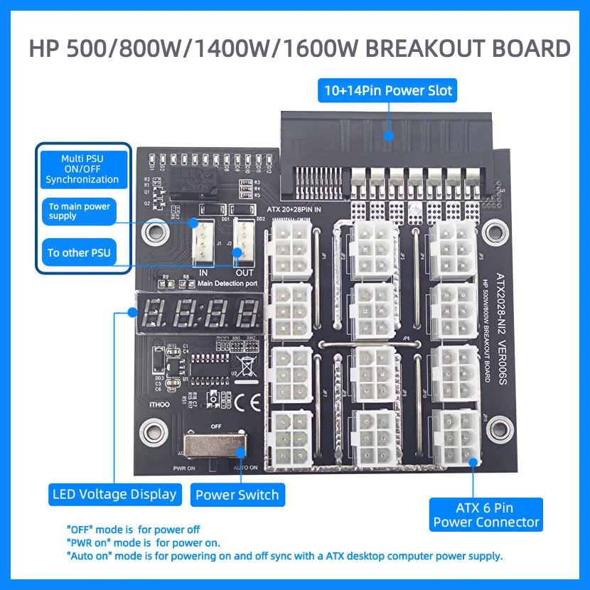 Breakout Board 12 6Pin Power Supply Module Card with LED Voltage Diaplsy for HP Server ,Dell D750E-S1 Multi PSU 2200W ON/OFF Syn
