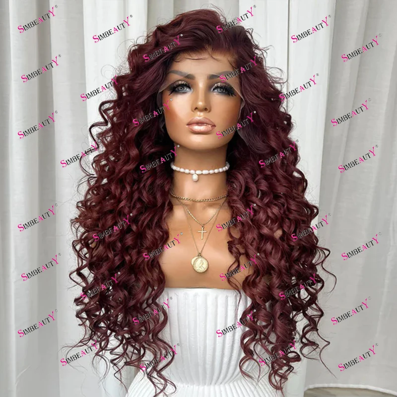 Dark Wine Blonde Loose Deep Wave Afro Black Women Long Human Hair Full Lace Wigs with Baby Hair Natural Hairline 99J 360Lace Wig