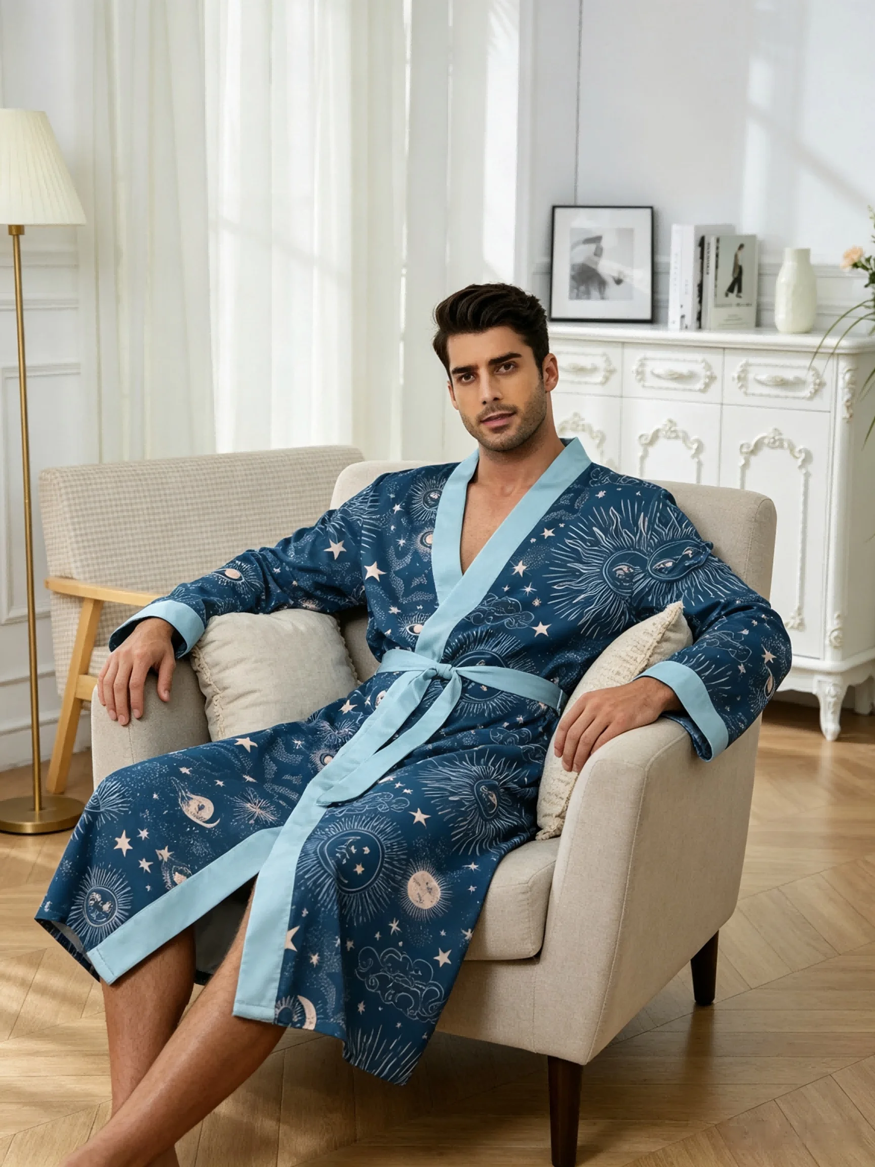 Men's lightweight quick-drying pajama bathrobe - 3D digital printing, non-fading design, stand-up collar and adjustable waistban
