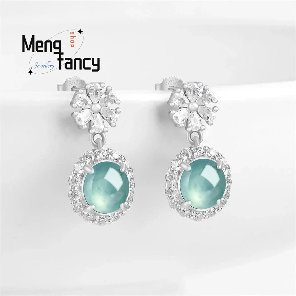 

Natural A-goods Jadeite Blue Water Egg Earrings Ice Jade S925 Silver Inlay High-grade Exquisite Luxury Quality Fashion Jewelry