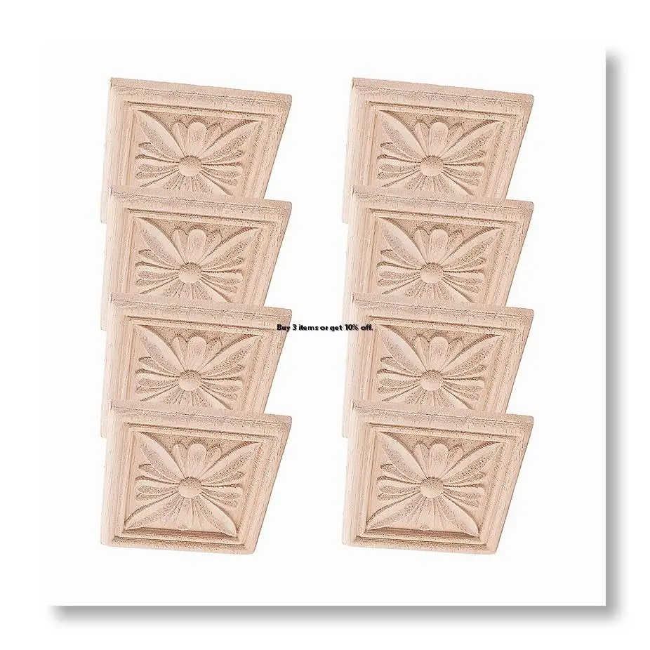 ✼8Pcs Wood Carved Applique Onlay Carving Checkered Unpainted Flower Pattern Decal for Cabinet Door Furniture Decoration