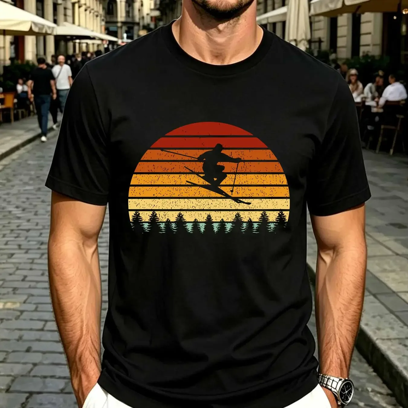washed T Shirt Vintage Sunset Skiing Sport Skiers Long Sleeve or short sleeves vintage Washed homme streetwear fashion