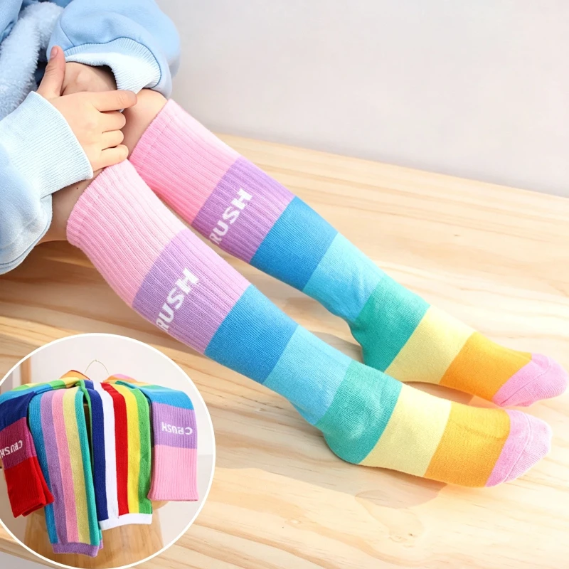 Spring Rainbow Multicolor Kids Child Over Knee High Socks Autumn Girls Cotton Ankle Short Lovely Socks Student Cartoon Stockings