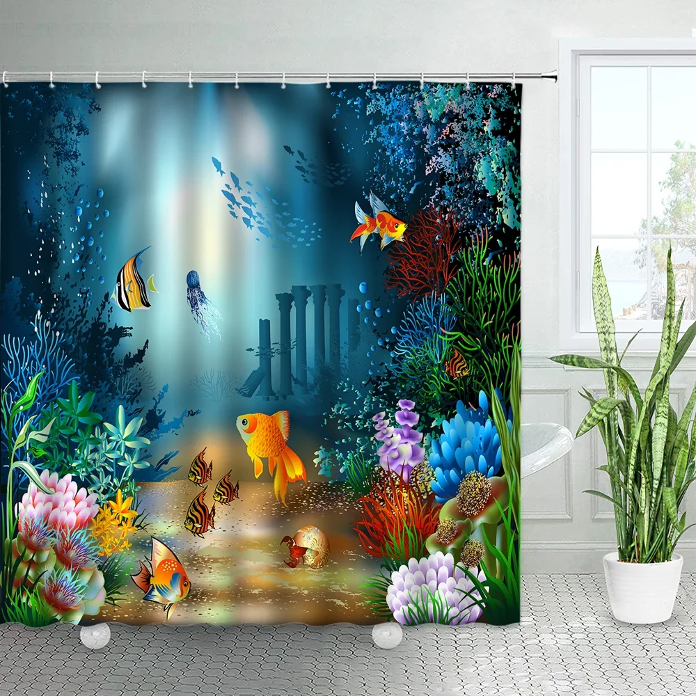 Tropical Ocean Shower Curtains for Kids Blue Ocean Dolphin Sea Turtle Fish Themed Kids Bathroom Fabric for Bath Curtain Decor