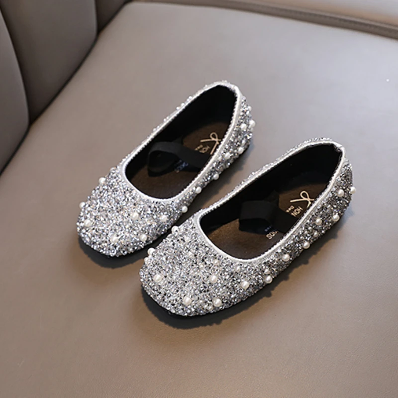 Girl\'s Princess Shoes Glitter Luxury Party Shallow Children Ballet Flats 21-36 Elastic Band Four Colors Beautiful Kids Shoes