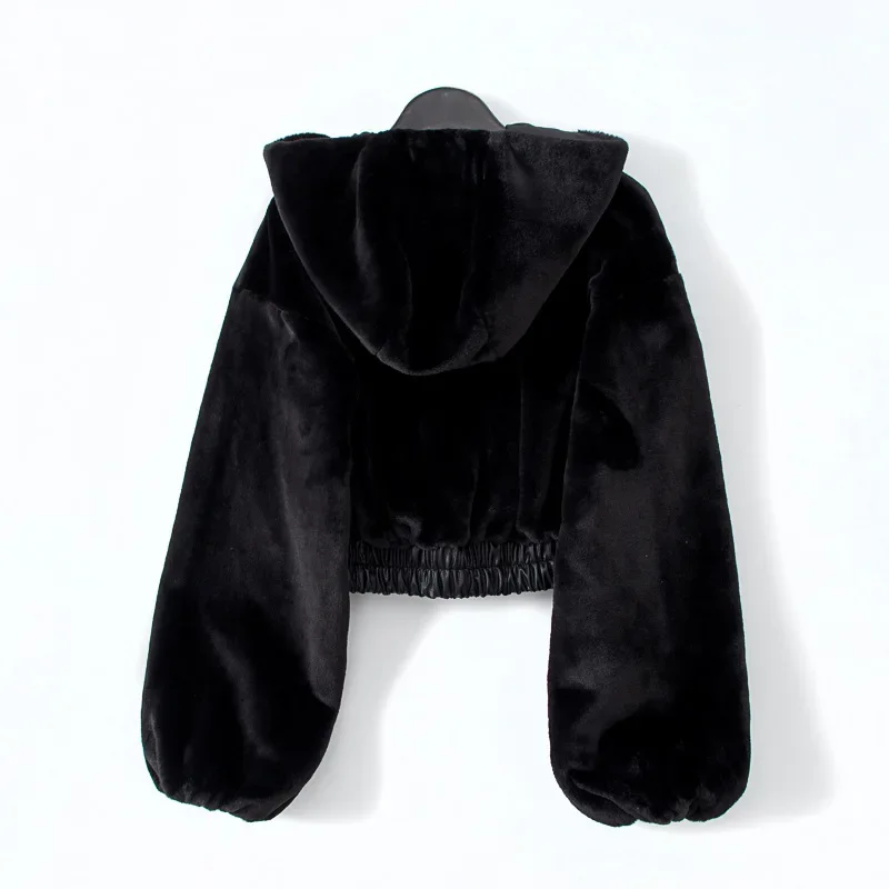 Cappotto di pelliccia nera moda Cappotto corto Harajuku Top con cappuccio Zip Up Cappotti da donna a vita alta Punk High Streetwear Parka in pelliccia sintetica