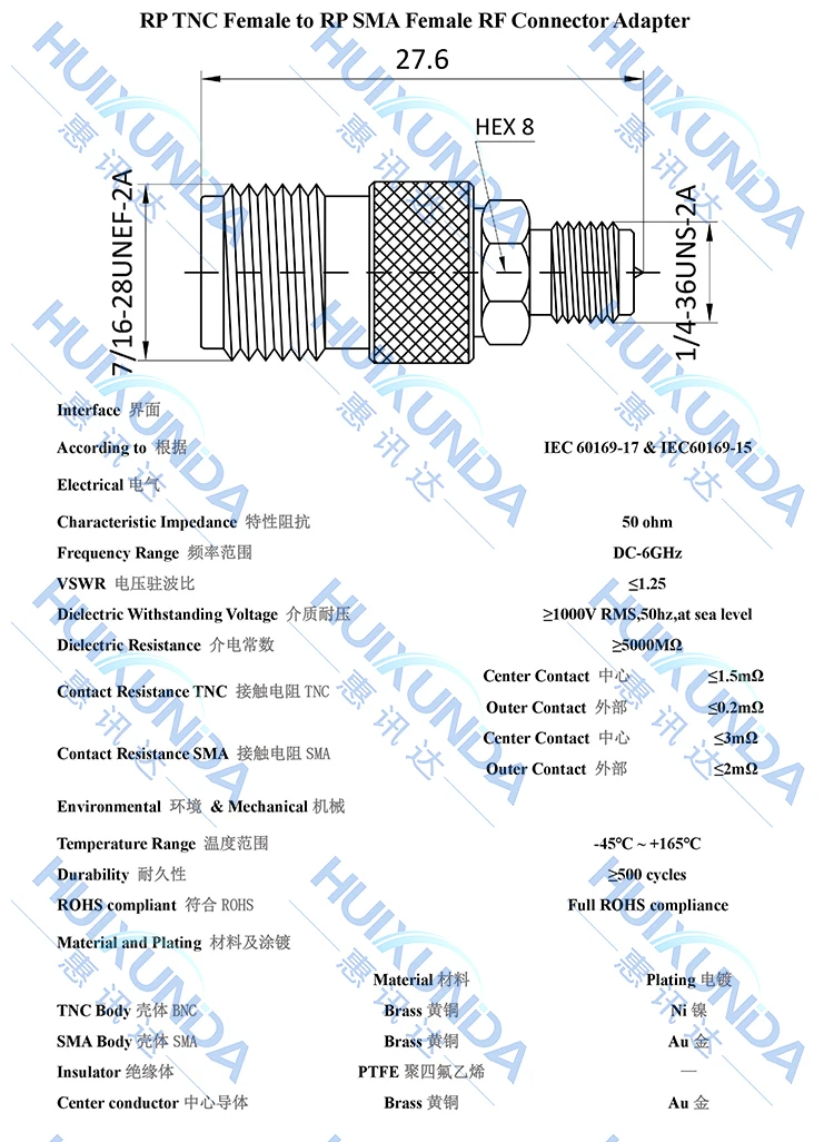 RPTNC/RPSMA-KK RPTNC-Buchse auf RPSMA-Buchse, TNC-Stecker auf SMA-Stecker