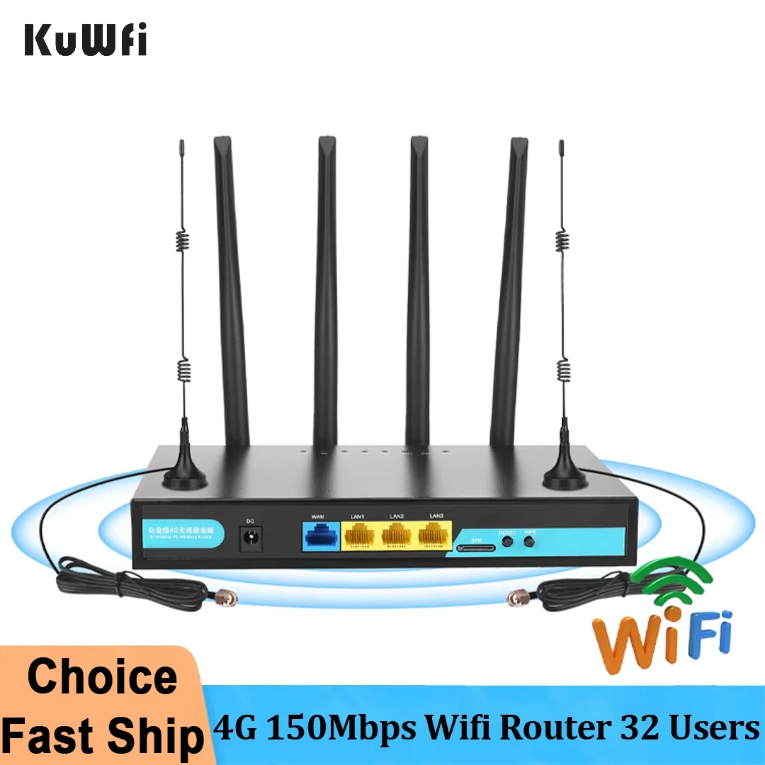 

KuWFi 4G LTE Wifi Router with SIM Card Slot 150Mbps Wireless CPE Router Support 32 Wifi Users RJ45 External 4pcs Antennas