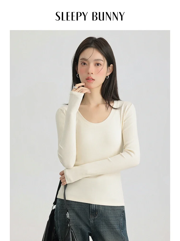 

Soft Cashmere-Like U-Neck Long Sleeve T-Shirt Women Spring Slim Fit Solid Color Stretchy Base Top Elegant Casual Undershirt