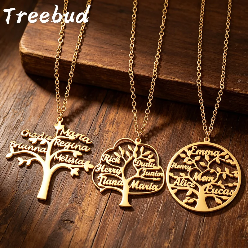 Treebud Custom The Tree of Life Family Name Necklace for Woman Man Personalized Multiple Names Pendant Exquisite Jewelry Gift