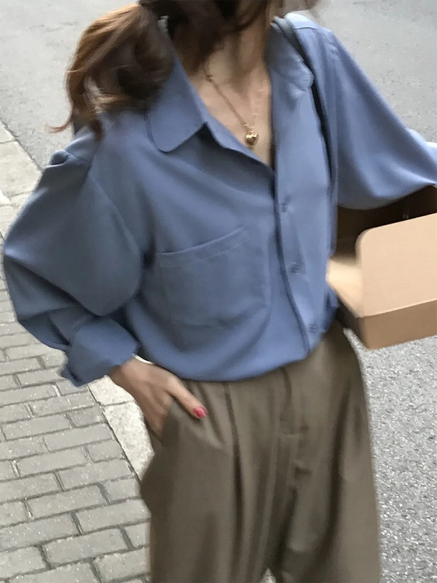 Retro Blue Long Sleeve Women's Shirt Loose Drapey Layering Loose Feeling Autumn New Style  Collar Button down Breathable