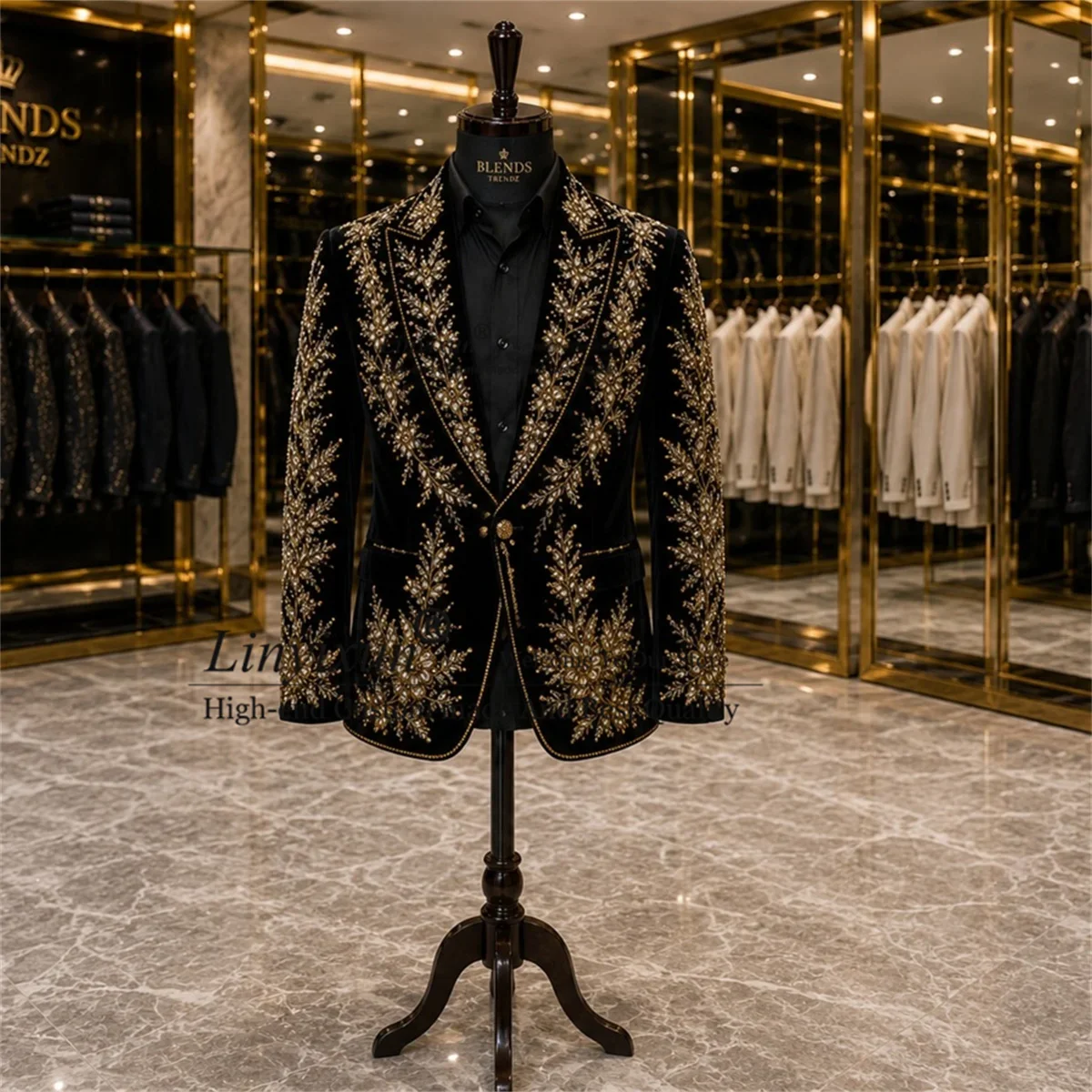 Shiny Embroidered Bead Men Suits Customized Double Breasted Groom Male Blazers 2 Piece Set Wedding Party Tuxedos Costume Homme