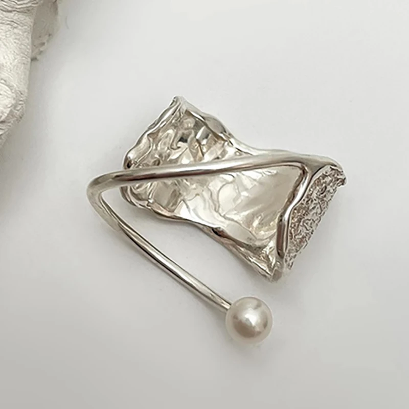 Foxanry Silver Color Texture Geometric Pearl Rings For Women Girls Sweet Personality Trendy Elegant Wedding Bride Jewelry Gifts