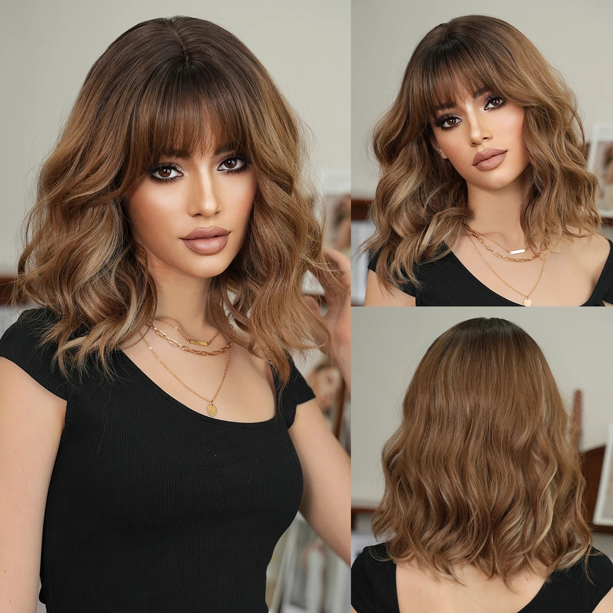 

NAMM Highlight Earthy Brown Medium Length Wigs for Women Mixed Beige Curly Wave Wigs with Bangs Dark Roots Synthetic Fiber Wigs