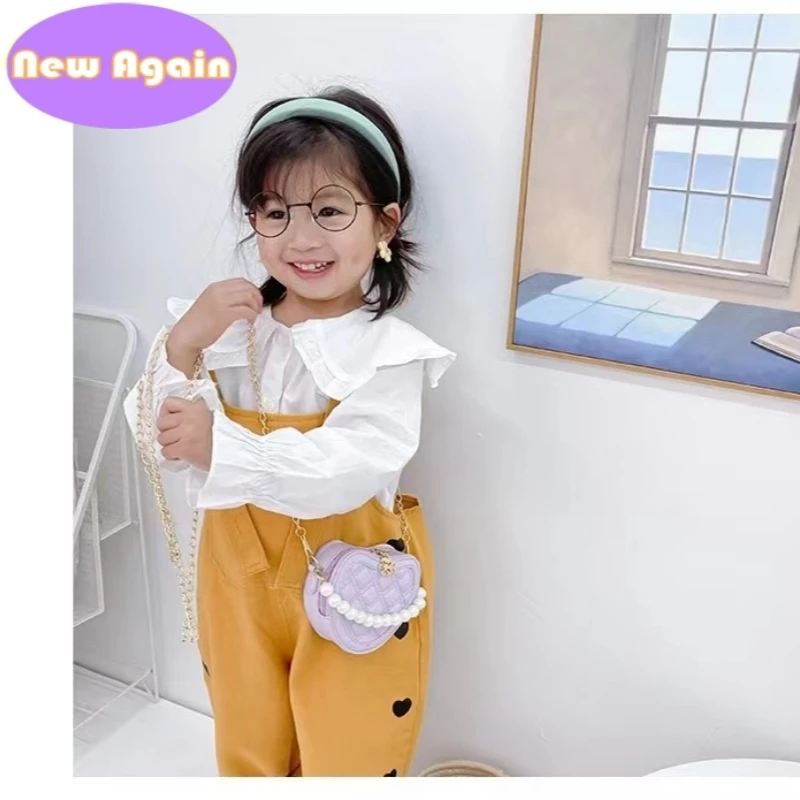 Baby girls lovely  pearl shoulder bags Children's Fashion heart crossbody Bags Toddlers Small Coin purses Kid's chain Bag NA052