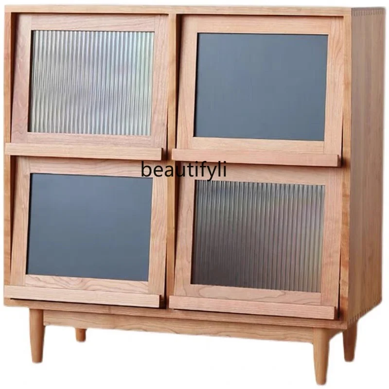 

Nordic Rattan Solid Wood Bookcase Glass Magazine Cabinet Storage Cabinet Living Room Locker