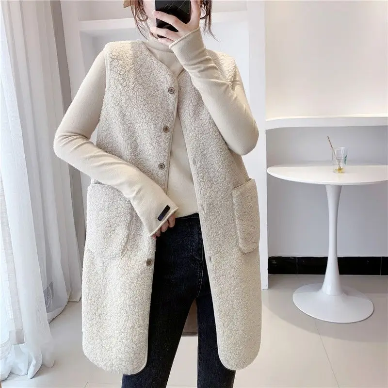 2024 Women Long Suede Vest Coat Autumn Lambskin Waistcoat Casual V-neck Flocking Vestcoat Solid Deep Pockets Sleeveless Jacket