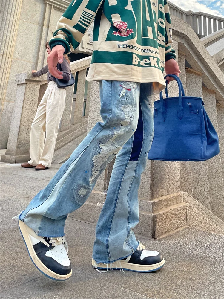

American High Street Loose Men's Jeans Embroidered Distred Micro Flared Long Pants Casual Faion Urban Sle Straight Leg