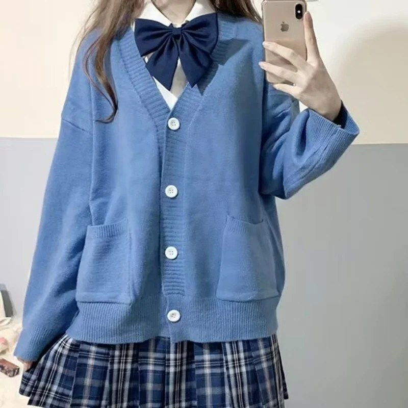 Sweet Fresh College Style Solid V-neck JK Uniform Sweater Jacket Female Button Pocket Loose Lantern Sleeve Knitted Cardigan Top