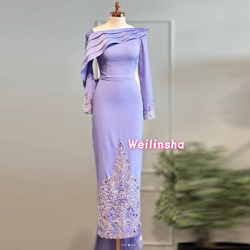 

Customized Purple Saudi Evening Dress Appliques Lace Long Sleeves Pleat Sequins Mermaid Party Gown Prom Dresses