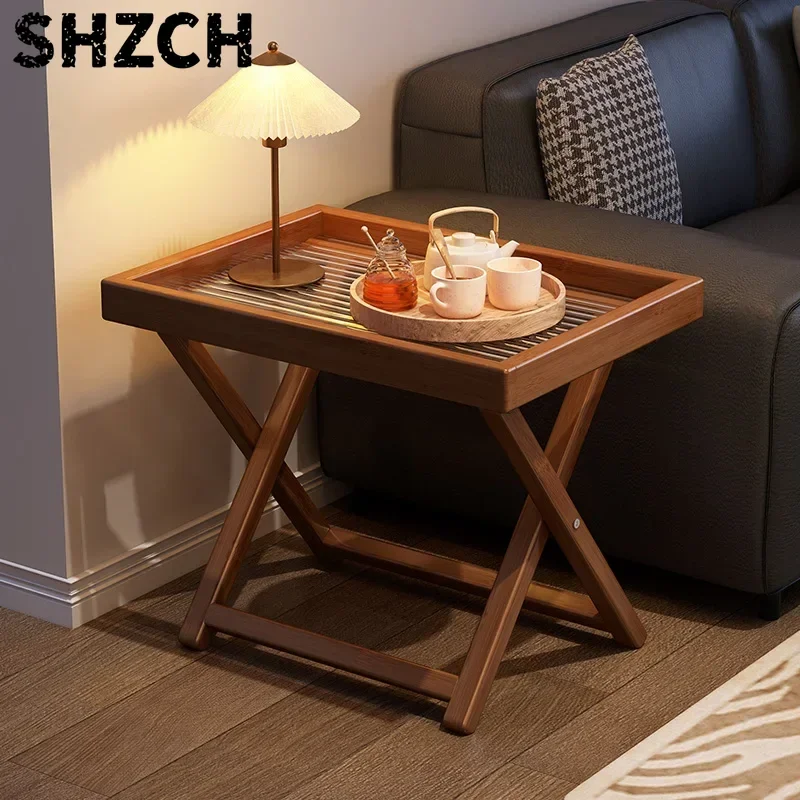 Solid Wood Coffee Side Table, Foldable Small Round End Table for Living Room or Bedroom, Removable Tray Top, Compact Design