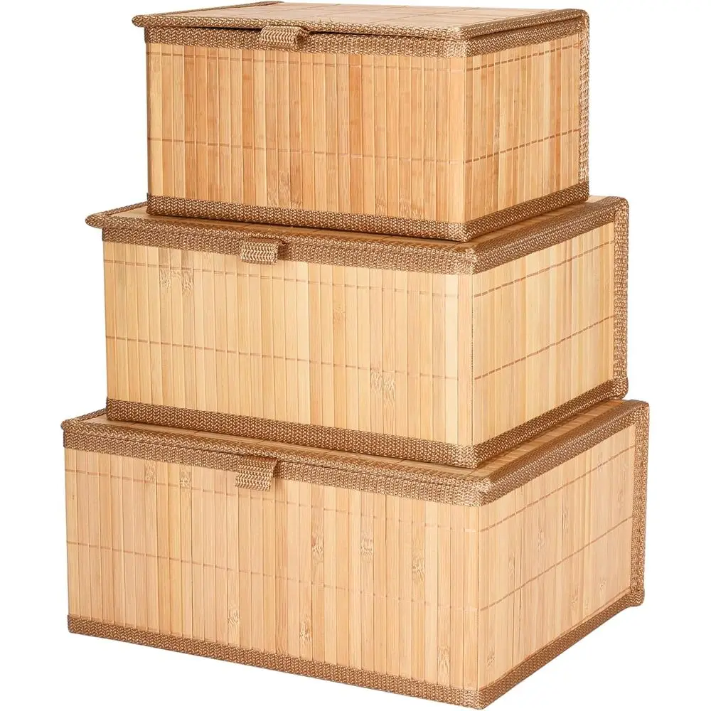 

Stackable Rectangular Bamboo Storage Boxes with Cloth Liners - 3-Piece Set for Toys, Home, and Office Organization